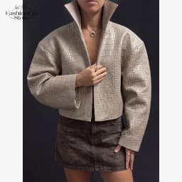 Beige Croc Leather Cropped Jacket Y2k Stand Collar Long Sleeve Wide Cuff Oversize Coat 2026 Autumn Street Daily Casual Outerwear