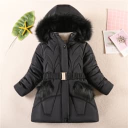 2024 New Winter Keep Warm Girls Jacket Waist Belt Design Detachable Hat Lining Plush Hooded Heavy Coat For Kids