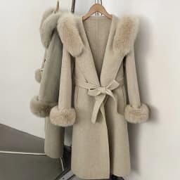 OFTBUY New Winter Warm Hood Solid Woolen Overcoat for Women Long Wool Blend Coat Women Real Fox Fur Belted Waist Jacket Female