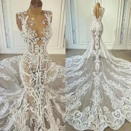 Customized 2025 Latest Perspective Sexy Mermaid Custom Wedding Dress Bridal Dress Lace Stickers African Nigerian Court Tail
