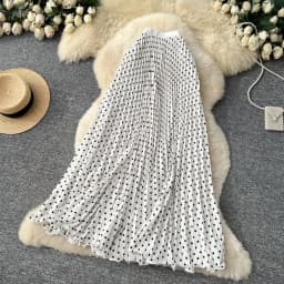 Korean Style Polka Dot Print Pleated A-line Long Skirts Women 2026 Spring Summer High Waist Casual Skirt