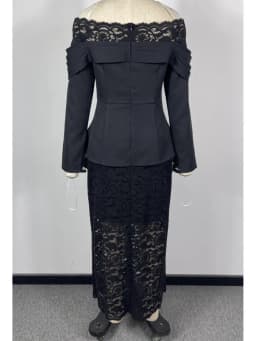 LGRQ 2026 Slash Collar Spring And Autumn Flare Sleeves Slim High Waist Women's Sexy Bodycon Off-Shoulder Lace Evening Dress