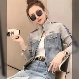 Autumn Women Stand-up Collar Zipper Denim Coat Korean Ladies Patchwork Cowboy Outwear 2025 Female Long Sleeves Jeans Jacket