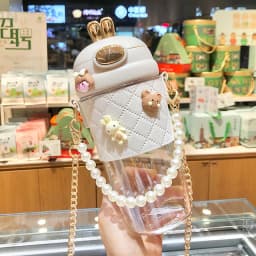 Cute Rabbit Ear Plastic Water Bottles With Straw For Girls Kids Portable Strap Student Bottle With Cup Cover Anti-drop BPA Free