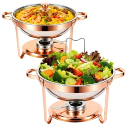 Chafing Dish Set Gold-Plated 5QT Round Warmer Server Stainless Steel 316 with Glass Lids – Premium Buffet & Hot Pot Serving for Parties Buffets Weddings Birthdays 1/2/4/6 Pack