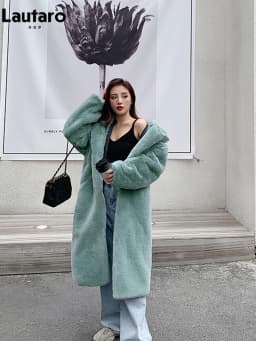 Lautaro Winter Long Loose Casual Windproof Soft Thick Warm Fluffy Green Black Faux Fur Coat Women with Hood Furry Overcoat 2023