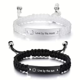 2 Pcs Handmade White Black Braided Rope Bracelet Set Adjustable Stainless Steel Couple Bracelets Valentine's Day Gifts