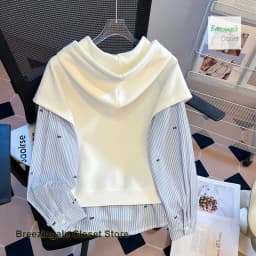 Korean chic minority stripe stitching and overlapping fake two-piece college loose hooded semi-zipper long-sleeved sweater top
