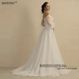 BEPEITHY Customized Boho Wedding Dresses For Women 2023 Bride Deep Neck Full Sleeves A Line Glitter Bridal Gowns Sweep Train New