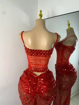 Sparkly Red Rhinestones Sequins Alluring See Through 2 Piece Maxi Dress 2025 Women's Evening Birthday Party Stage Show Outfit