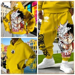 One Piece Luffy Gear 5 Hoodie Pants Set Red Cotton Tracksuit with Character Print on Hoodie Front Pant Side Loose Fit Two Piece