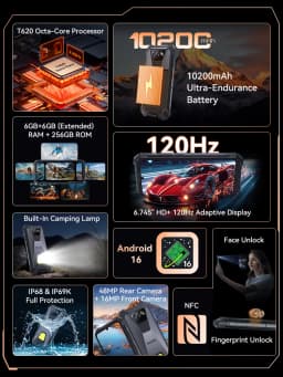 Rugged Smartphone PHILIPS S8325 IP68 Waterproof Android 16 Dual Sim 12(6+6)GB+256GB 10200mAh 6.745" 48MP NFC Camping Lamp Unlock