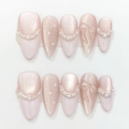 10pcs Purple Cat's Eye Handmade Fake Nails Tips Glitter Mid-length Oval Press on Nails Art Bow Rhinestone Design False Nail Sets