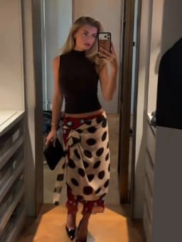 Vintage Two Tone Polka Dot Print Wrap Skirt Chic Irregular Hem Layered Chiffon Tie Waist Midi Skirt Summer Vacation Beachwear