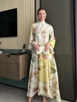 Elegant Floral Printed Women's Dress Stand Collar Full Puff Sleeve A-line Long Dresses 2026 Summer Vacation Party Lady Robes