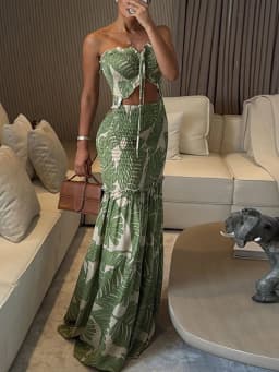 Bonnie Forest Women's Tropical Palm Print Drawstring Pleated Long Dress Summer Holiday Outfits Girls Cut-Out Ruffles Beach Dress