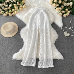 Summer Straight Pants for Women's 2025 New Bottoms High Waist Fashion Hollow Out Thin Pantalon Femme Korean Lace Trousers 63e165