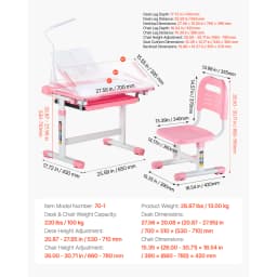 SucceBuy Kids Study Chair and Desk Set Study Desk and Chair for Kids with Table Lamp Adjustable Height for Bedroom & Study Room