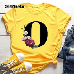Large Size Yellow T-shirt for Men And Women with Black Fashion Trend Print of Flowers 26 English Letters Casual Short Sleeve Top