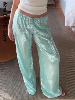Sequin Loose Summer Women's Pants Low-rise Drawstring Straight Wide Leg Y2k Pant And Trousers New Beach Casual Clothes 2026