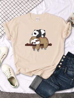 Panda Lying On A Sloth Printed Woman T-shirt Round Neck New Tshirts Fit Tee Shirt Oversized Short Sleeve Womens Tshirts