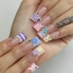 24pcs Y2K Sweet Stars Press On Nails Blue Brown Stripes French Style False Nails Wave Point Designs Autumn Vintage Fake Nail