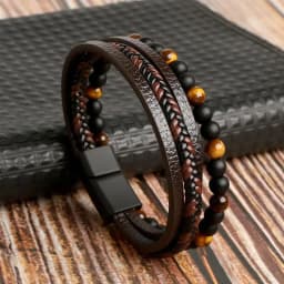 19/21/23cm Hand-woven Leather Bracelet High Quality Multilayer Tiger Eye Beaded Leather Men Bracelet Punk Bangle for Men Jewelry