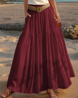 2026 Belted Hem A-line Solid Color Elastic Waist Skirt Women's Summer New Beach Vacation Commuting Camping All-match Long Skirt