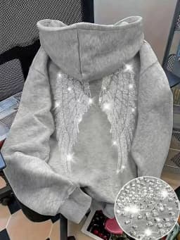 Leisure Spring and Autumn Sweater Wing Print and Hot Rhinestone Two Styles Women's Long-sleeved Pullover Hoodie