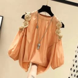 Orange Flower Three-dimensional Decoration Raglan Sleeve O-Neck Pullover Women's Blouse Shirt Female Clothing Tops Fashion 2024