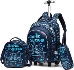 Bunnyfly Boys Rolling Backpack with Lunch Bag And Pencil Case - Wheeled Travel Trolley School Bag Stylish And Functional for Tra