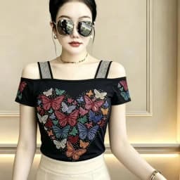 New Designer Hot Diamond Mesh T-Shirt Women Korean Style Sexy Off Shoulder Slim Tee Summer Casual Streetwear Tops