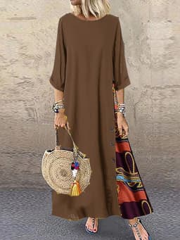 Women Vintage Print Patchwork Maxi Dress Boho 3/4 Sleeve Oversized Long Dress Casual Harajuku O Neck Loose Dress Elegant Robe