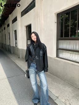 Lautaro Spring Winter Cool Oversized Thicken Warm Black Hard Pu Leather Jacket Women Long Sleeve High Quality American Clothing