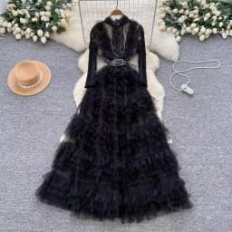 Elegant Embroidered Sequins Long Dresses Autumn Women Layer Ruffles Cake Full Sleeve Evening Party Vestidos Mesh Tulle Long Robe