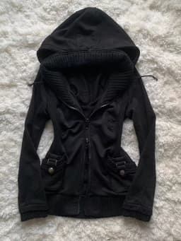 Y2K Gothic Black Slim Double Zipper Hoodie Women's Y2K American Retro Fashion Slim Oversized Cuffs Casual Motorcycle Jacket