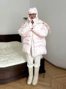 Women's Floral Print Hooded Puffer Jacket with Bow Decor Cute Oversized Winter Warm Coat Loose Casual Feminine Outerwear Fashion