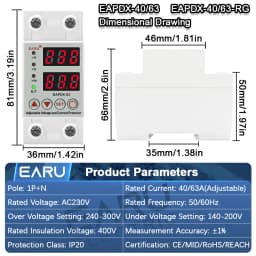 EARU 40A 63A Adjustable Over Under Current Voltage Protector Relay Switch Power kWh Energy Meter Voltmeter Automatic Reclosing