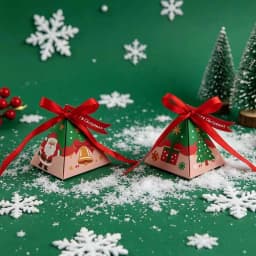 50Pcs Christmas Triangle Paper Candy Gift Box With Tag Ribbons Cookie Snack Chocolate Gift Packaging Box Xmas New Year Supplies