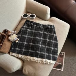 Lace Patchwork Plaid Mini Skirts Women Fall Winter High Waist No Belt Faux Wool Skirts Y2K Fashion Preppy All Match A Line Skirt
