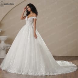BEPEITHY Customized Off The Shoulder Lace Wedding Dresses For Women 2025 Glitter Bride Ivory Bridal Gown Vestidos De Novia Boda
