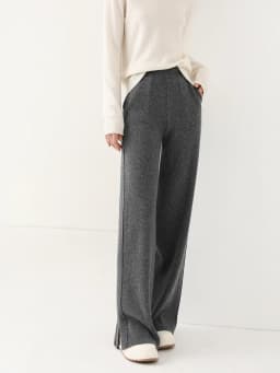 Women Wool Wide Leg Pants Threaded Elastic Waist Cashmere Trousers Autumn Winter 100% Merino Wool Knitted Soft Slit Design Pants