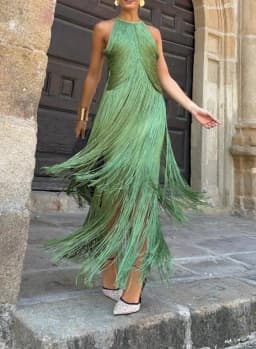 Women Dresses 2026 Spring Summer New Solid Color Temperament Hanging Neck Tassel Design Sleeveless Slim Fit Long Dress