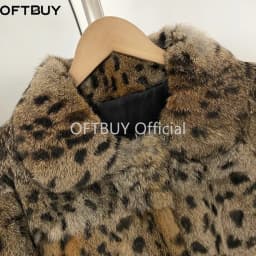 OFTBUY Peter Pan Collar Short Winter Natural Rabbit Fur Jacket Women Leopard Print Real Rabbit Fur Coat New Clothes Warm Female