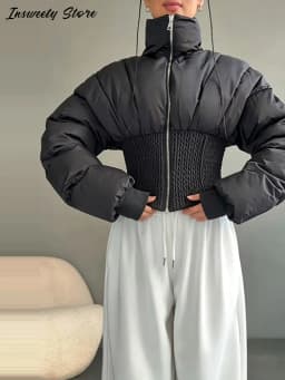 Fashion Solid Padded Coats Women's Stand Collar Full Sleeve Zipper Waist-cinching Warm Jacket 2026 Winter New Lady Outerwear