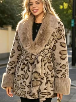 Tie Waist Faux Fur Coat Leopard Pattern Shawl Lapel Furry Cuff Splicing Long Sleeve Loose Chic Jacket 2026 Women's Fashion Coats