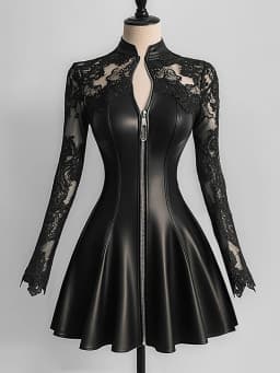 Women’s Elegant PU Leather Dress Black Lace Patchwork Mesh Long Sleeve Zipper Up Bodycon Dress A-Line Party Sexy Mini Dresses