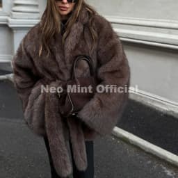 Neo Mint Winter 2026 New Stylish Mocha Brown Belted Wrap Fur Coat Women Street Fashion Girls Fluffy Faux Fox Fur Jacket Overcoat