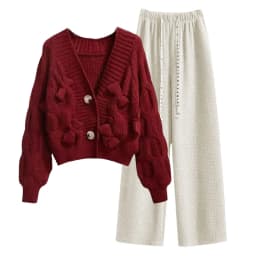 Two Piece Set For Women New In Sweater Matching Sets Korean Sweet Bow Outfit Long Sleeve Cardigan Knitwear Wide Leg Pants Set