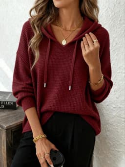 Women's New V Neck Henley Hooded Pullover Sweatshirt Drawstring Long Sleeve Loose Fit Trendy Casual Office Daily Wear Hoodie Top